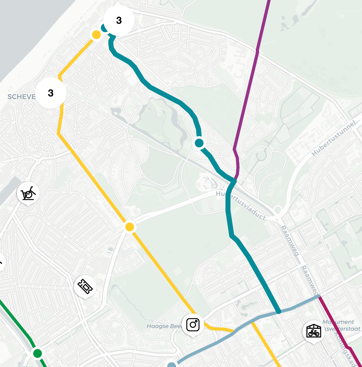 Route 9 in geel (Scheveningen Dorp) en route 4 (Scheveningen Bad) in turquoise